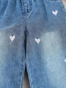 SHEIN Young Girls Y2K Style Jeans, New Fashionable White Heart Embroidered Vintage Medium Blue Washed Loose Straight Leg Denim Pants, Soft & Comfortable Material, Street Casual Versatile Wear, Girls Jeans Wide Leg Jeans