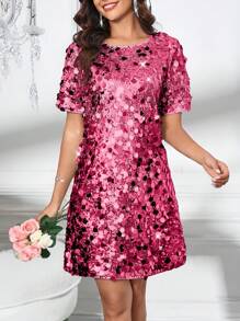 Ellevyn Silver Sequins Decor Belted Cocktail Dress, Suitable For Date Night, Party, Wedding