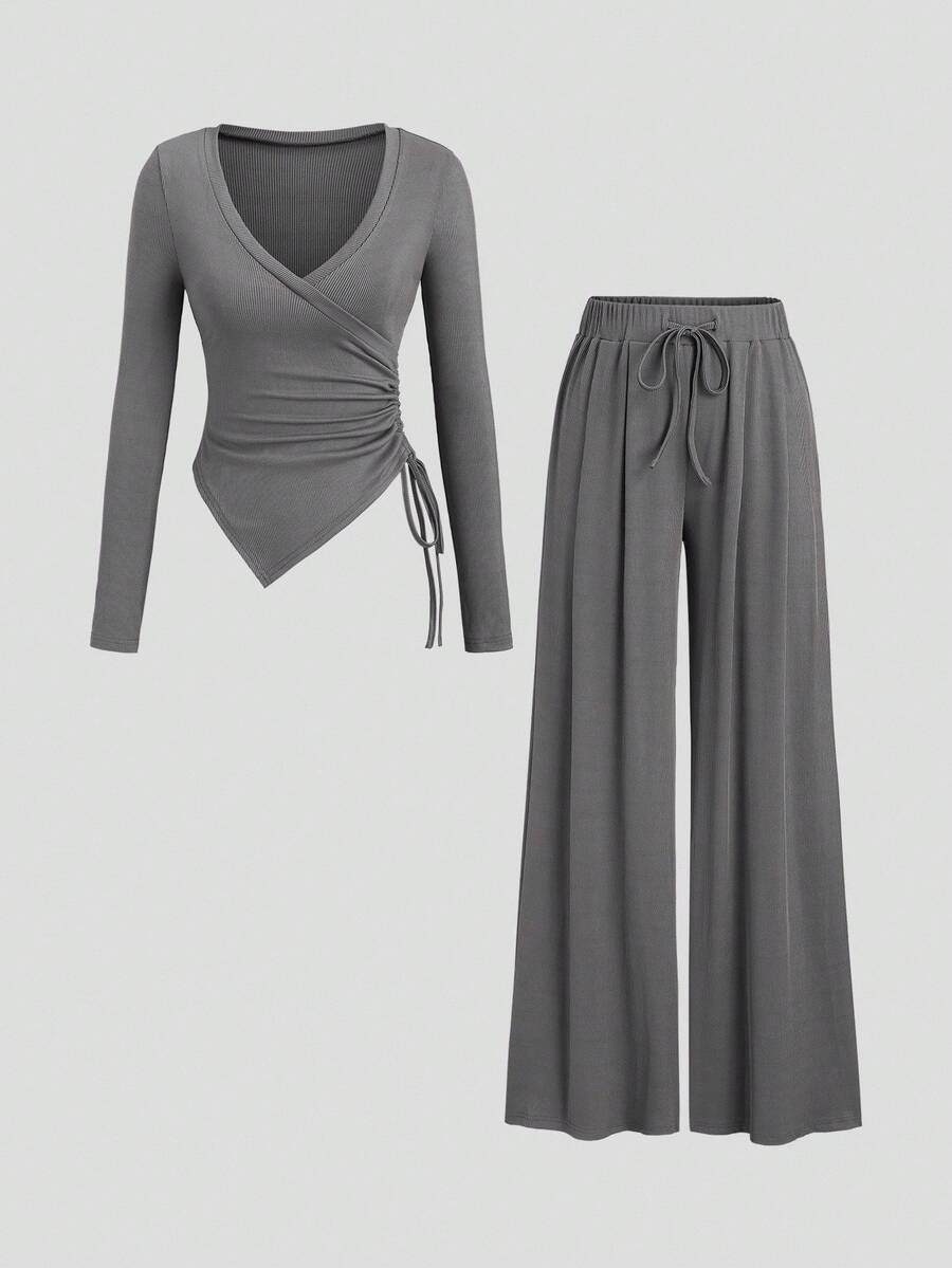 Sweetra Women's Asymmetrical Gray Top & Wide Leg Pants 2 Pieces Set, Spring/Summer Fall Cloth For Women - Coffee Brown - View 1