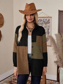 LanaWest 拼色落肩袖燈芯絨大衣 - 彩色 - 查看 4