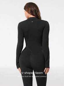 GLOWMODE 24 英寸 FeatherFit™-Air Glow Giver 柔软透气吸汗前拉链罗纹侧板轮廓接缝拇指孔深 V 形后背接缝可拆卸罩杯长袖连体衣低冲击日常运动服 - 黑色 - 查看 4