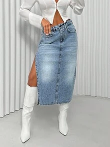 EURMUSE Mid Waist Slit Detailed Elegant Denim Skirt - Medium Wash - View 7