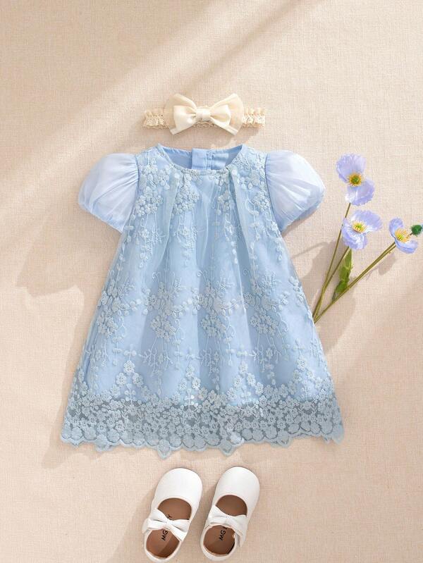 Souflis Souflis Baby Girls' Princess Style Beige Embroidered Mesh Puff Sleeve Dress, Suitable For Birthday Party, Evening Party, Daily Wear, Spring/Summer