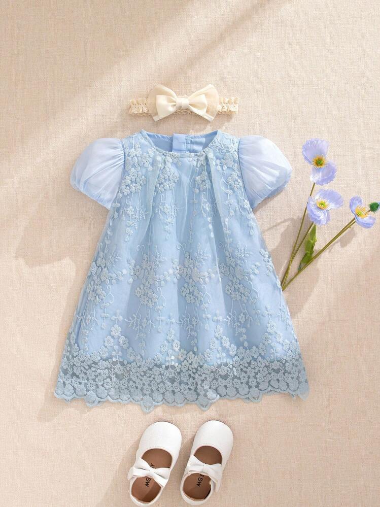 Souflis Souflis 女婴公主风格米色刺绣网眼泡泡袖连衣裙，适合生日派对、晚会、日常穿着、春夏季 - 藍色 - 查看 1