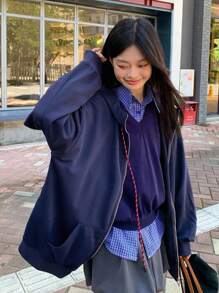 DAZY 女士纯色休闲连帽长袖外套，韩版女式大衣 - 藍色 - 查看 12