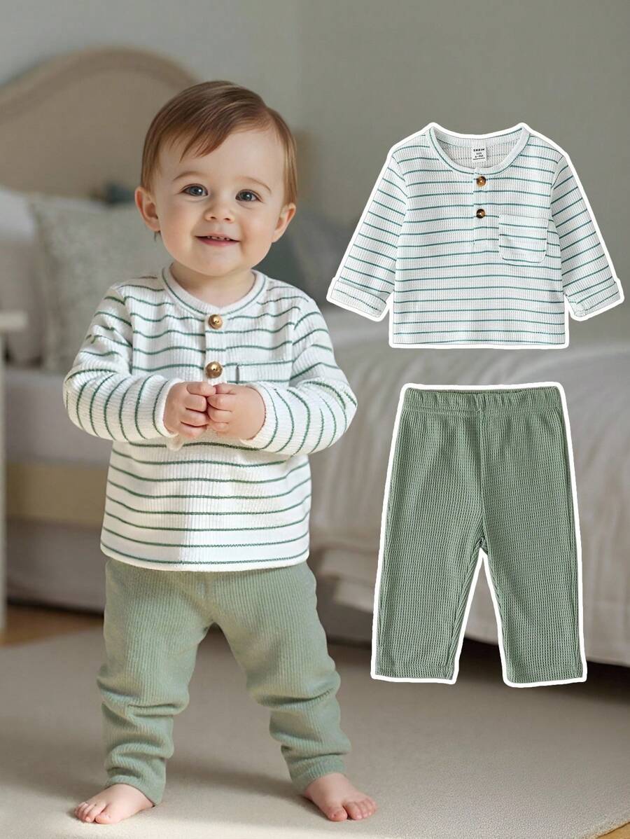 SHEIN Playful Pals 2pcs/Set Baby Boy Retro Simple Striped Long Sleeve T-Shirt And Contrasting Color Pants 2-Piece Outfit, Suitable For Spring/Autumn, Daily Wear, Outings, Parties, Vacation, Park Baby Boy Clothes Baby Boy Striped Shirt Baby Boy Pants Baby Boy Clothes Sets Baby Boy Clothes Baby Casual Sets Fall Winter