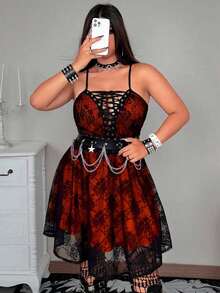 Whyspr 中世纪复古哥特式深色迷你连衣裙，女士蕾丝玫瑰吊带连衣裙 - 橘色 - 查看 7