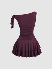 Sweetra Women's Elegant Solid Color Asymmetric Neck Mini Dress, Summer - Red Violet - View 2
