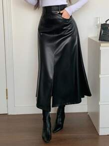 DAZY Falda larga elegante de cintura alta con abertura en A, de piel sintética (PU) para otoño e invierno - Negro - Ver 5