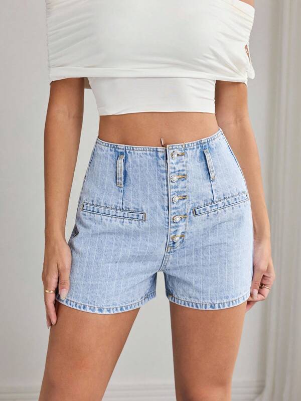 Elenzga Women's Striped Button High Waist Denim Shorts