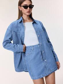 Selenza 女式落肩长袖单排扣口袋休闲牛仔衬衫 - 中等水洗藍 - 查看 13