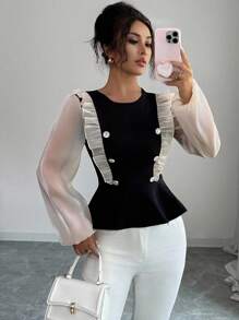 Elenzga Elegant Organza Patchwork A-Line Fitted Long Sleeve T-Shirt, Autumn/Winter Fall Cloth For Women - Black - View 6