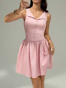 Modelyn Women's Elegant Solid Color Contrast Lace Button Decor Summer Dress, Fashionable, Casual, And Elegant Autumn Back-To-School Dress For Parties, Birthdays, And Evening Events, Halloween Costumes, And Dresses Perfect For Moms