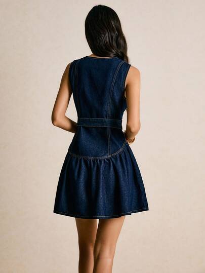 Poéselle Women's Elegant Navy Blue Sleeveless Denim Mini Dress,Solid Color Button Up Belted Ruffle Hem Dress For Curve Woman,Autumn Brunch Style