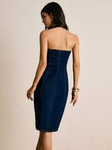 Poéselle 女式纯色前扣开衩挂脖牛仔连衣裙 - 深色水洗藍 - 查看 2