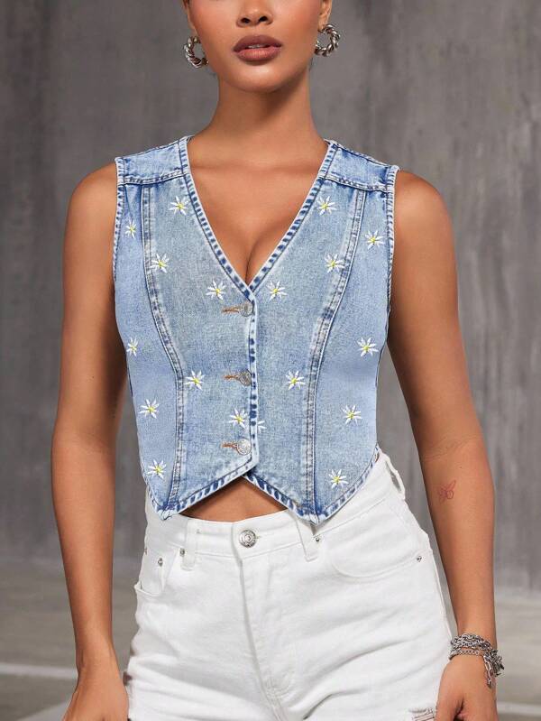 SHEIN BAE Women's Simple Embroidered Sleeveless Denim Vest Top