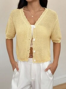 SHEIN PETITE 女士浅黄色短袖羊毛针织开衫 - 黃色 - 查看 4