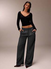 SHEIN Forever 21 夏季新款宽松高腰舒适阔腿女裤 - 灰色 - 查看 3