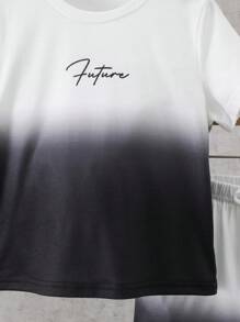 Young Boy Round Neck Regular Shoulder Short Sleeve Ombre T-Shirt And Shorts Set, Casual Summer Outfit - Black - View 6
