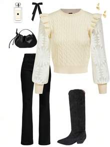 Ellevyn Elegant Ruffled Lace Sleeve Crew Neck Sweater, Comfortable For Everyday Wear,Women's Winter Sweater,Winter Clothes For Women - Apricot - View 1