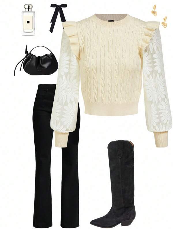 Ellevyn Elegant Ruffled Lace Sleeve Crew Neck Sweater, Comfortable For Everyday Wear