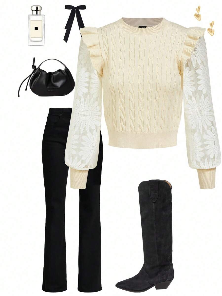 Ellevyn Elegant Ruffled Lace Sleeve Crew Neck Sweater, Comfortable For Everyday Wear,Women's Winter Sweater,Winter Clothes For Women - Apricot - View 1