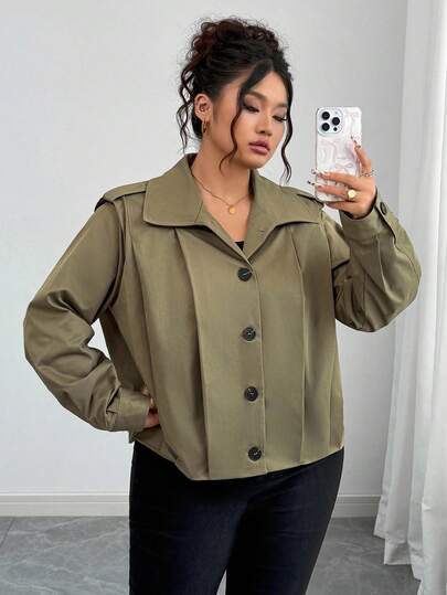 Elenzga 女士优雅复古纯色衬衫领前开扣装饰褶皱长袖衬里短夹克，适合办公室、通勤、休闲、度假、下午茶、春秋冬