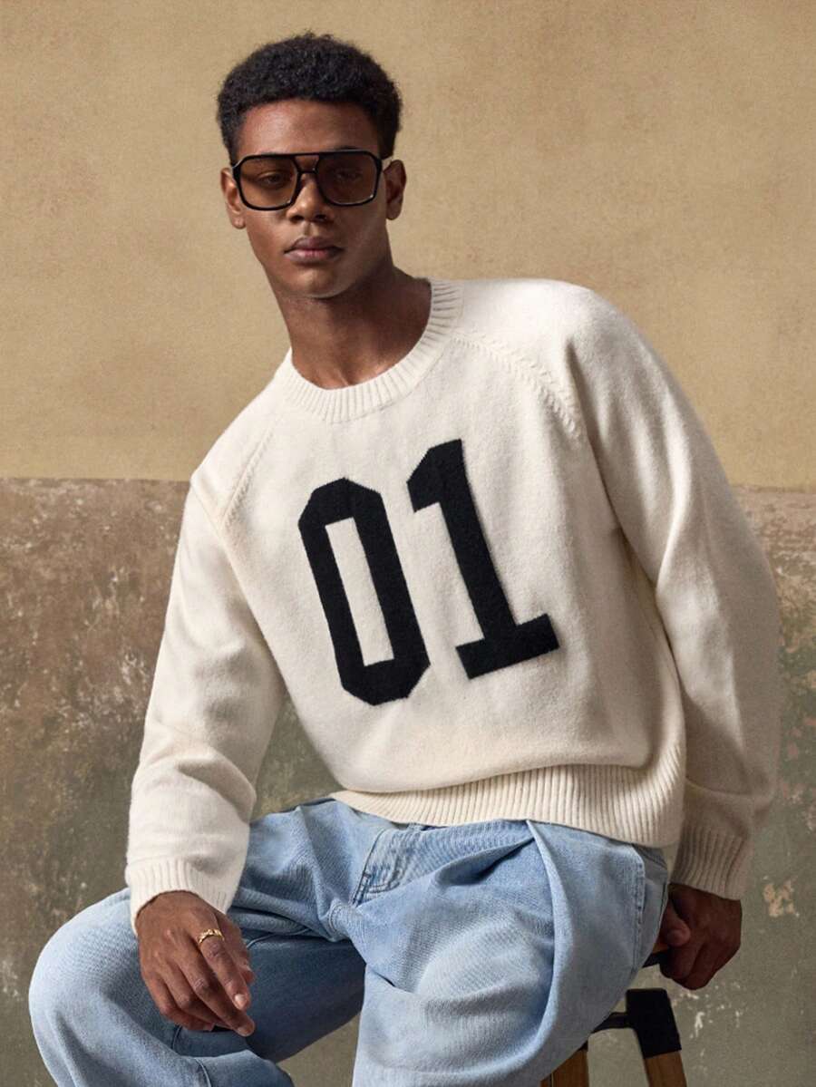 AKNOTIC 男士休闲针织套头衫 - 杏色提花圆领 - 可机洗或干洗 - 厚实摇粒绒针织面料 - 适合秋冬日常穿着 - 杏色 - 查看 1