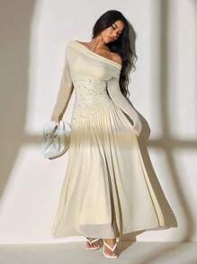 SHEIN PETITE 新款一字肩长袖撞色网纱刺绣不对称下摆拼接超长高弹修身连衣裙优雅浪漫 - 杏色 - 查看 7