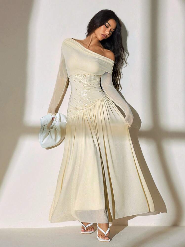 SHEIN PETITE 新款一字肩长袖撞色网纱刺绣不对称下摆拼接超长高弹修身连衣裙优雅浪漫 - 杏色 - 查看 7