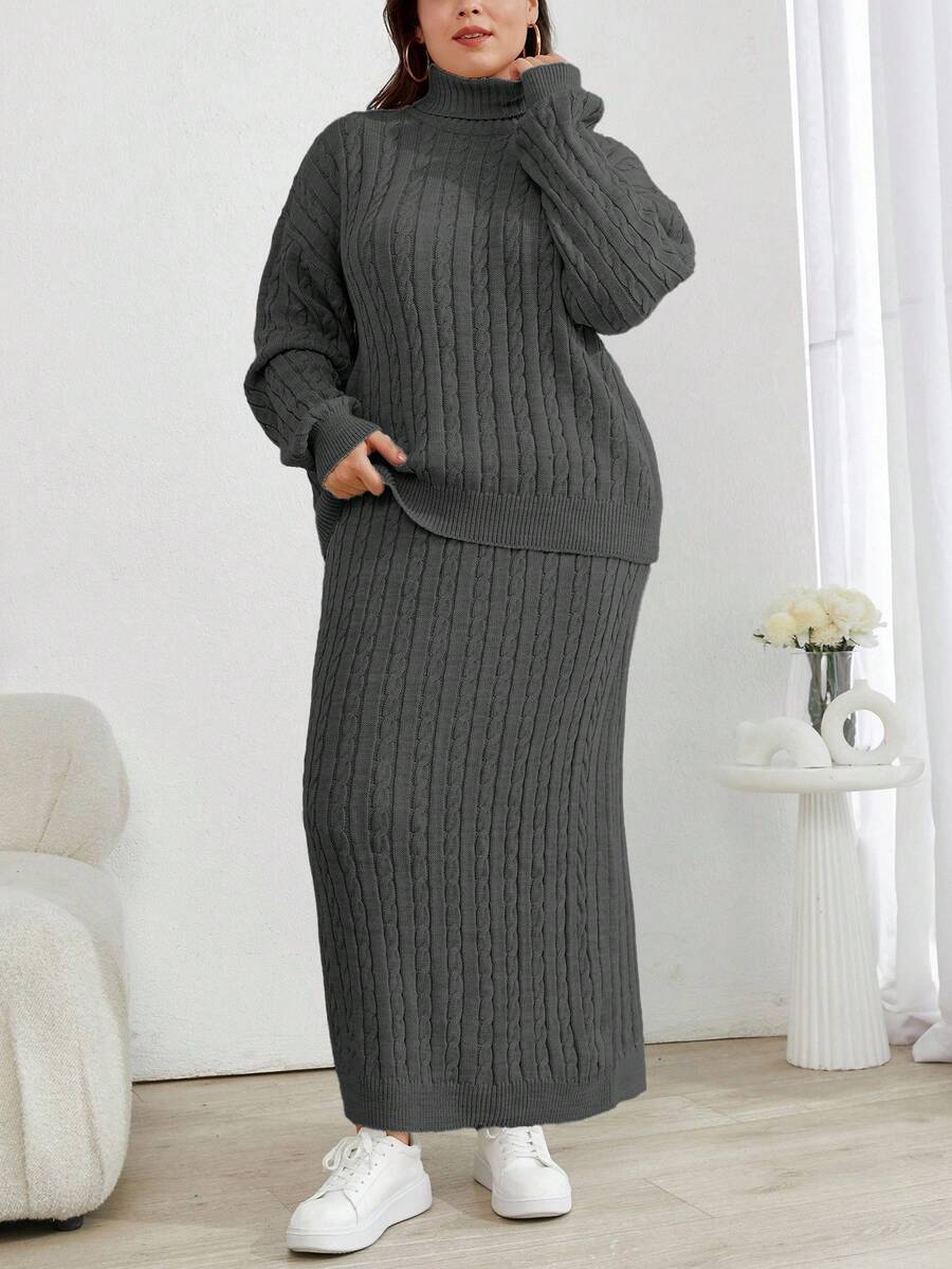 EURMUSE Cable Knit Turtleneck Sweater And Skirt Two Pieces Set - Dark Grey - View 1