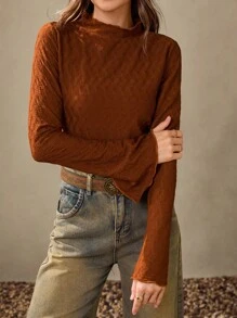 Wildy 休闲美式乡村风格杏色长袖T恤，喇叭袖设计，纹理面料，西部牛仔上衣，女士锈棕色上衣，棕色长袖上衣，西部上衣，乡村音乐会西部服饰，女士乡村外出装 - 杏色 - 查看 6