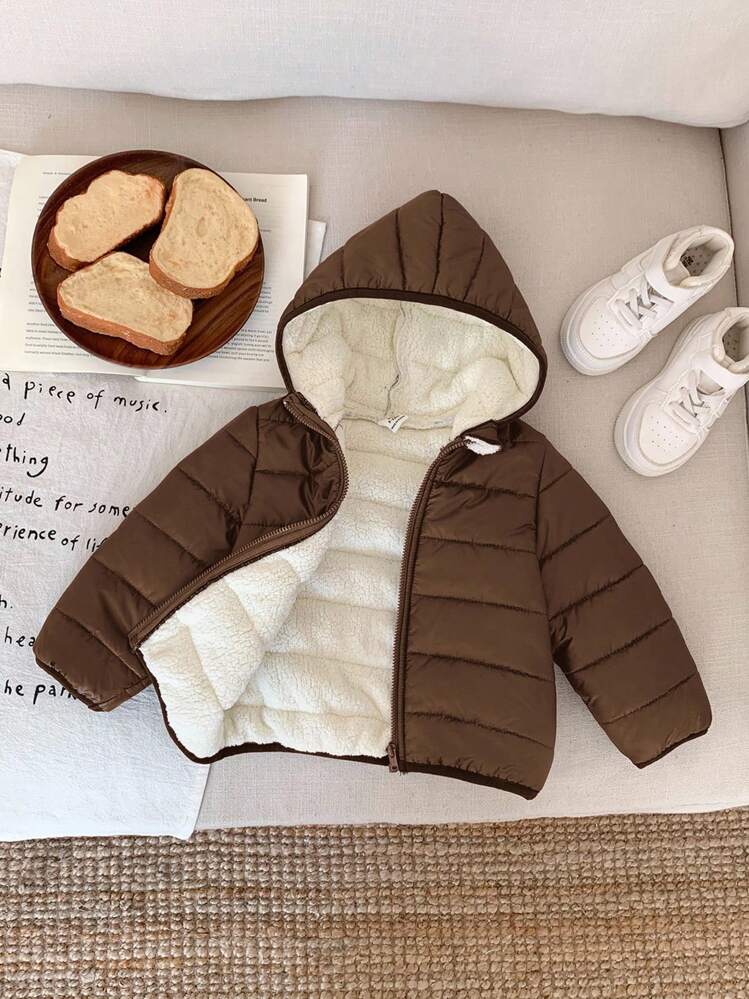 SHEIN Pojkar termofodrad huvajacka med dragkedja, brun vinter Casual Varm All-Match Mångsidig Mjuk Bekväm Sportig Lämplig för snölek utomhus - Brun - Visa 6