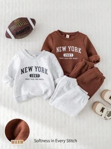 Cozy Pixies 4pcs Baby Boy Letter Print Soft Knit Crew Neck Long Sleeve Hoodie & Elastic Waist Ankle Pants Set Graphic Fall Winter - Multicolor - View 5