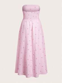 Solflare Plus Size Women Strapless Bowknot Striped Ruched Dress, Pink,Summer Outfits For Women - Pink - View 8