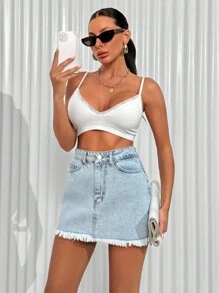 EURMUSE WOMEN LOW WAIST LIGHT DENIM SKIRT EVERYDAY CASUAL RAW EDGE - Light Wash - View 4