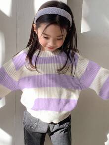 DAZY Young Girl Casual Daily Colorblock Striped Oversized Sweater, Autumn/Winter - Purple - View 2