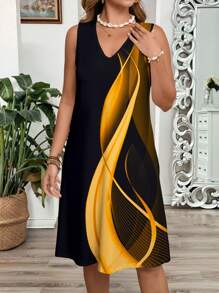EMERY ROSE 大码女式拼色抽象印花无袖度假连衣裙、V 领无袖背心裙、时尚夏季连衣裙、沙滩裙女装