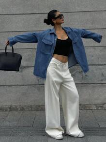 DAZY Vintage Washed Denim Long Sleeve Shirt - Blue - View 5