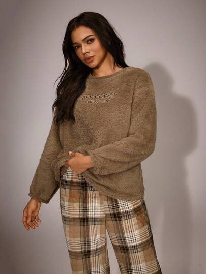 SHEIN Women's Plush Brown Embroidered Round Neck Long Sleeve Top & Plaid Pants Fluffy Pajama Set, Winter Plaid Fluffy Pajama Sets Fall Clothes, Cozy Outfit