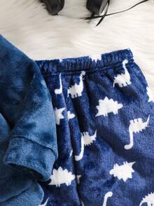 SHEIN 2 件套小男孩卡通恐龙刺绣圆领长袖上衣和长裤柔软舒适双面法兰绒睡衣套装，冬季