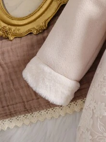 Souflis Souflis Baby Girls' 3D Bow Floral Mesh Furry Collar A-Line Long Sleeve Woolen Coat. Decorated With 3D Bow And Floral Mesh, Elegant And Refined. Paired With Furry Collar And Classic A-Line Long Sleeve Silhouette, Fashionable And Generous. Whether To Play Or Attending Family Gatherings, The Baby Can Be The Most Shining Presence. Fall Winter - Apricot - View 5