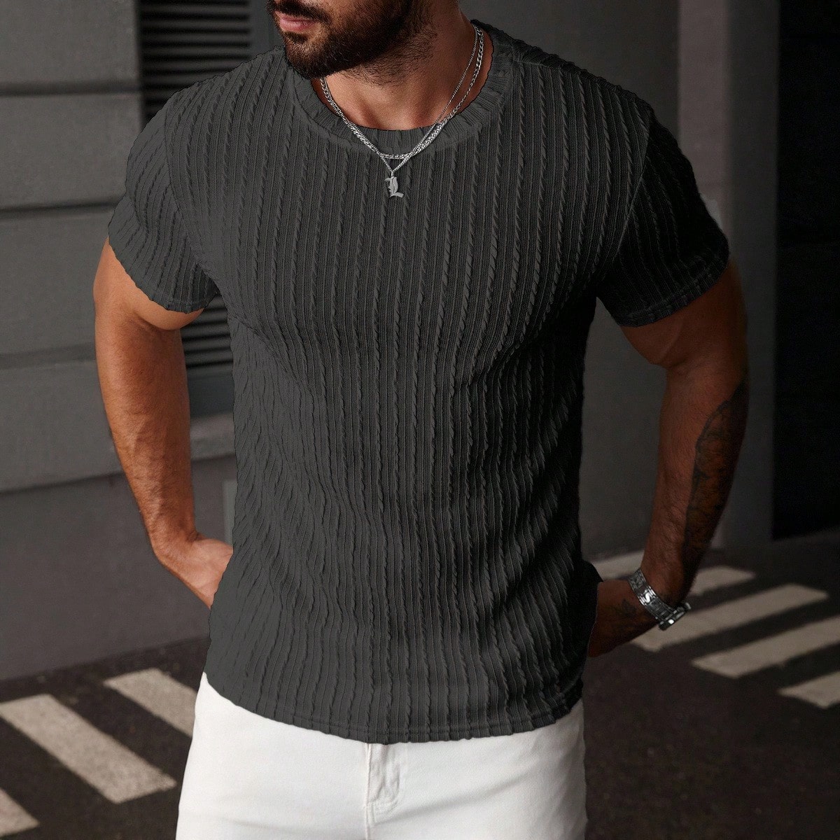 Camiseta casual de verano para hombre de cuello redondo y mangas cortas de unicolor