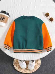 SHEIN Áo khoác bóng chày lót lông cừu ấm áp, kiểu dáng thường ngày cho bé trai/bé gái, màu cam/xanh lá cây, chất liệu dày dặn, có khóa kéo, thích hợp cho mùa thu/đông. - Nhiều màu - Xem 2