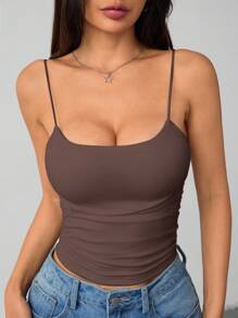 SHEIN PETITE Women's White Tight Round Neck Breathable Basic Camisole Women's Tops Braless Tank Tops - Brown - View 8