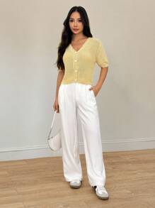 SHEIN PETITE 女士浅黄色短袖羊毛针织开衫 - 黃色 - 查看 6