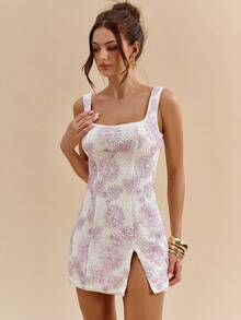 SHEIN BAE Váy ôm sát cơ thể mini họa tiết hoa 3D màu hồng trơn thu đông xẻ tà, thích hợp mặc đi tiệc, đi câu lạc bộ, hẹn hò, phù dâu, đám cưới, đầm sang trọng - Hồng - Xem 6