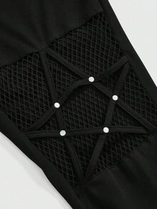 ROMWE Goth 哥特式五角星铆钉网眼拼接女式紧身弹力裤 - 黑色 - 查看 2