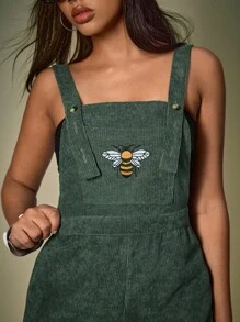 Y2Kool Emma Jane Creative 女士绿色蜜蜂刺绣秋季连体裤，休闲百搭，适合返校、度假、秋冬季穿着。女士背带短款连体裤，绿色连体裤，女士背带短款连体裤，适合派对穿着。时尚服装系列，新年穿搭。 - 軍綠色 - 查看 7