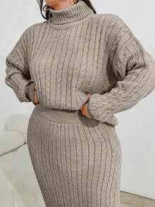 EURMUSE Cable Knit Turtleneck Sweater And Skirt Two Pieces Set - Mocha Brown - View 6